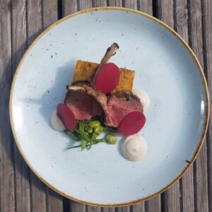 George Powles Lamb Rack with Spiced CousCous, Shaved Pickled Beetroot, Jerusalem artichoke Puree, Beans Tagliatelle and Mint Oil