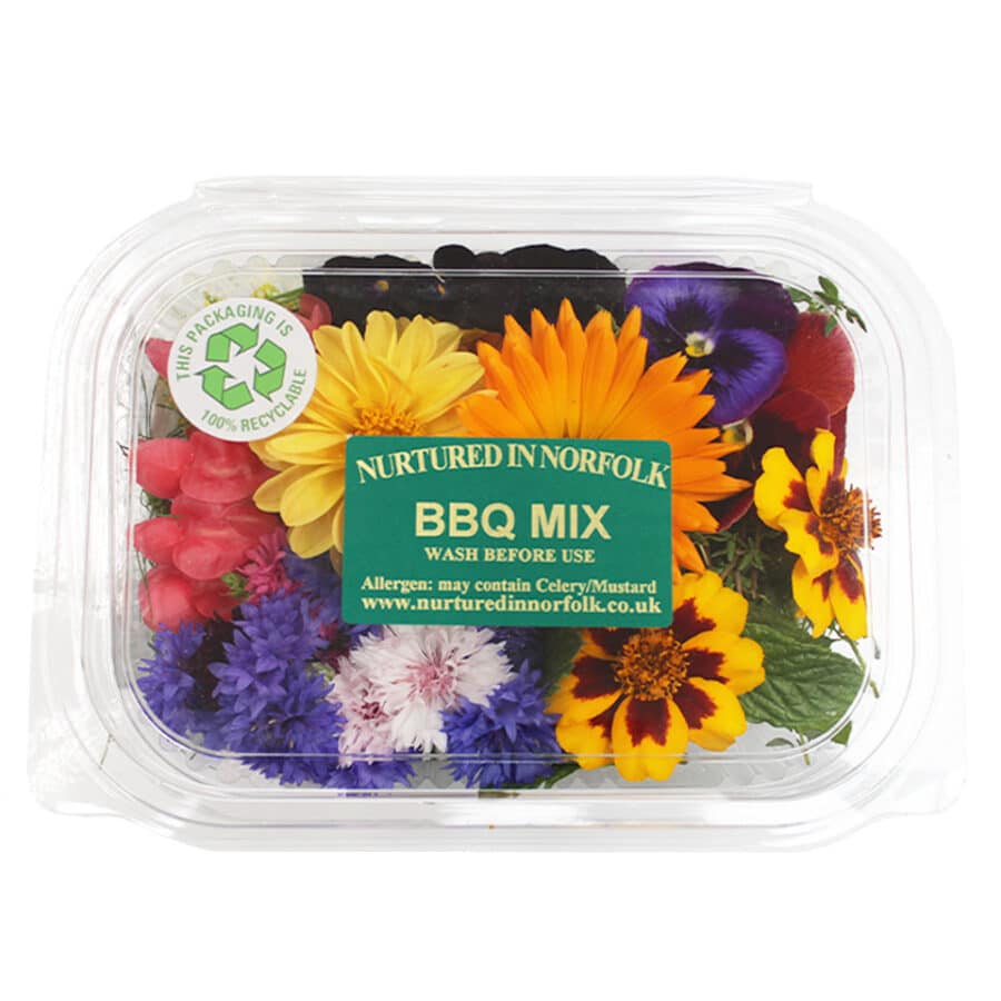 Mix of fresh edible flowers and herbs