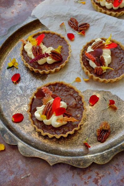 Edible Flower Topped Pecan Chocolate Tarts
